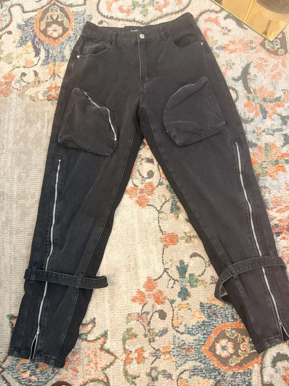 Fashion Nova Got It All Zip Cargo Jeans Size 11 Black Wash